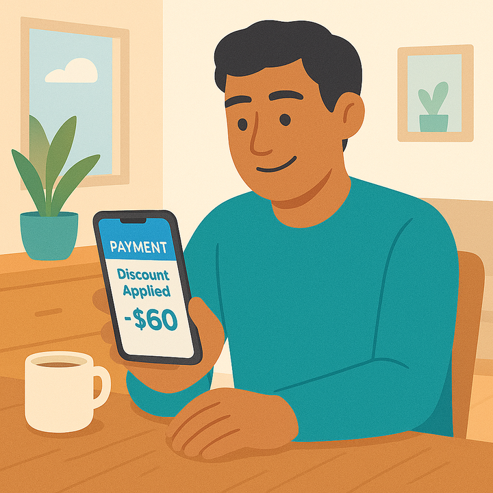 Person reviewing payment discount on phone showing $60 savings